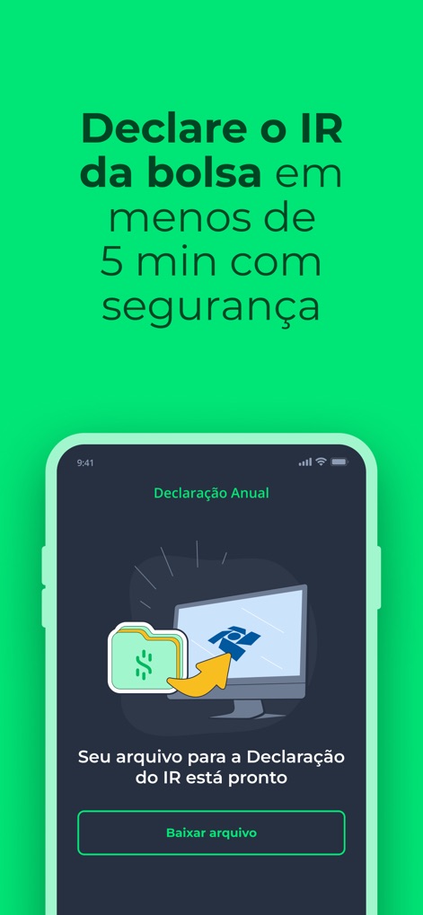 Grana - IR da bolsa automático - This screen demonstrates the app's automated declaration process, enabling users to easily generate and download their pre-filled tax file for the official IRPF program.