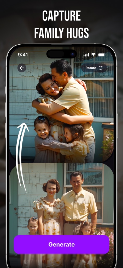 Live Photo: AI Image Generator - L'application permet de remodeler les poses de groupe pour générer des étreintes chaleureuses et d'insuffler des émotions palpables dans chaque interaction familiale représentée.