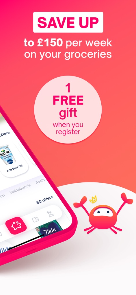 Shopmium Earn Grocery Cashback - The app showcases numerous offers categorized by 'supermarket tabs' and entices new users with a '1 FREE gift' upon registration, maximizing initial savings.