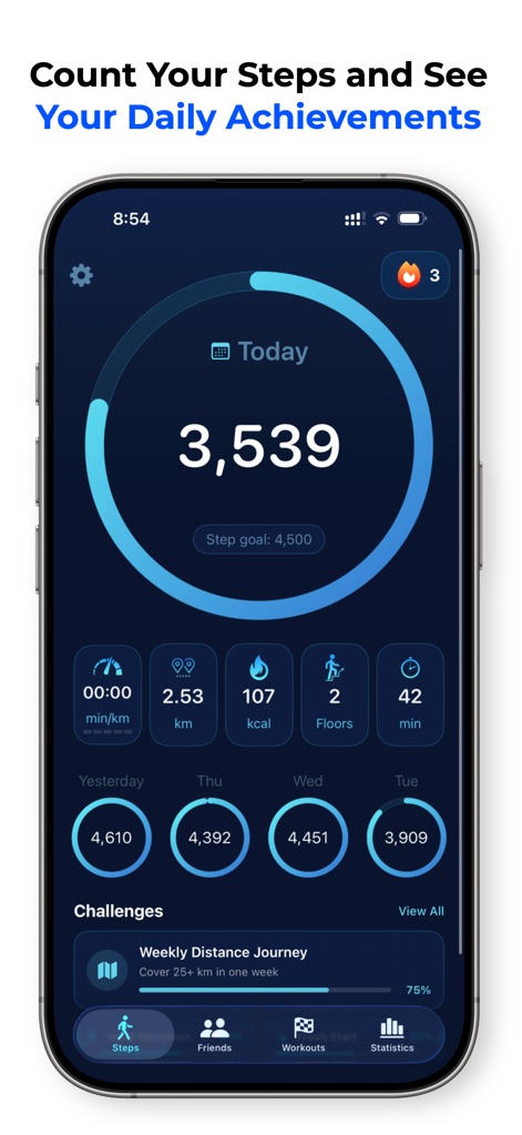 MySteps - Step Counter - The app prominently displays a user's real-time step count and offers quick access to daily performance metrics like distance and calories burned.