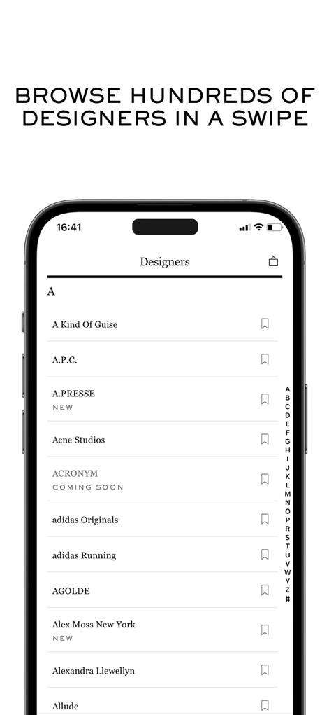 MR PORTER: Shop men’s fashion - The app offers an extensive alphabetical "Designers" list for easy brand navigation, complete with convenient bookmark icons to save preferred labels.