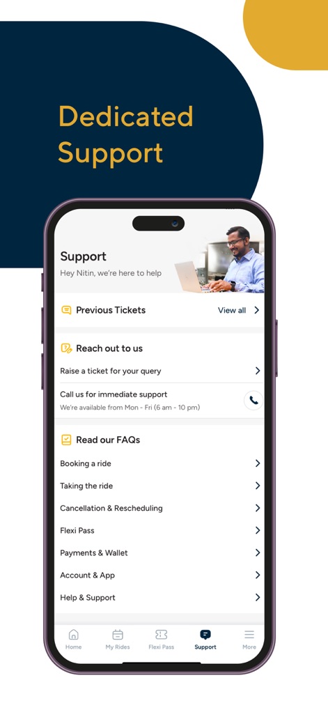 Cityflo - Premium office rides - The app provides dedicated support, offering quick access to "Previous Tickets" and comprehensive "Read our FAQs" sections for common queries.