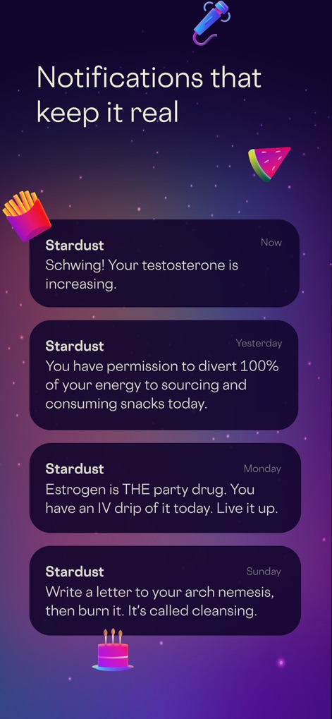 Stardust Period Tracker - The app delivers engaging, personalized notifications providing hormone-related insights and quirky advice.