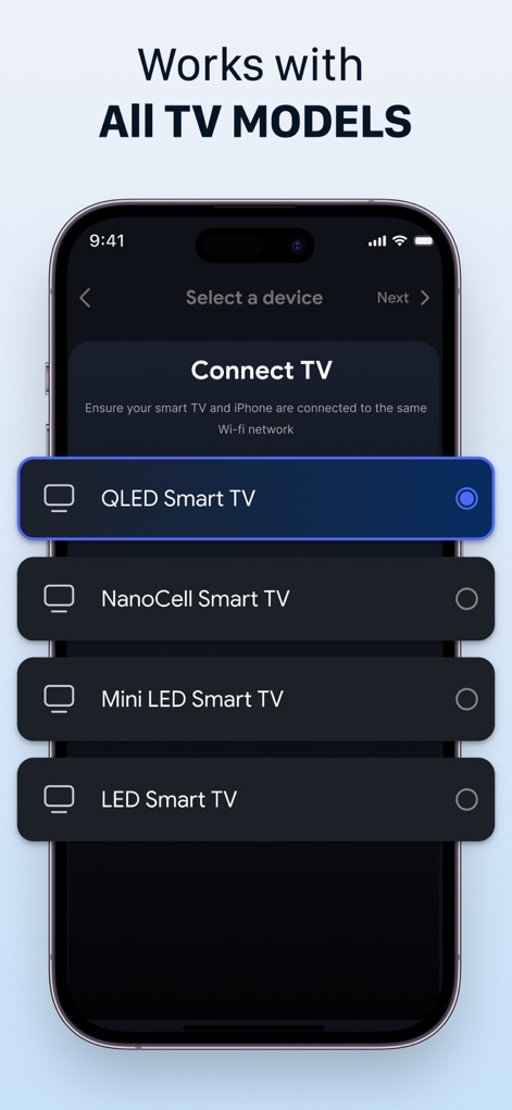 Castto: TV Cast, Screen Share - This tool boasts broad compatibility, presenting users with a 'Select a device' menu to connect with various TV models such as QLED and NanoCell Smart TVs.