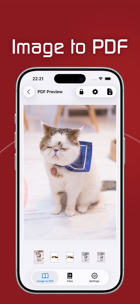 Image to PDF - Convert to PDF - The app presents an immediate "PDF Preview" of the converted document, allowing users to verify content and navigate through pages using the intuitive thumbnail strip.