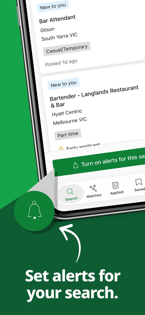 Jora Jobs: Search & Apply Now - La interfaz muestra listados de empleos con etiquetas de tipo de contrato, como "Part time", y una burbuja verde flotante que activa las alertas de búsqueda.