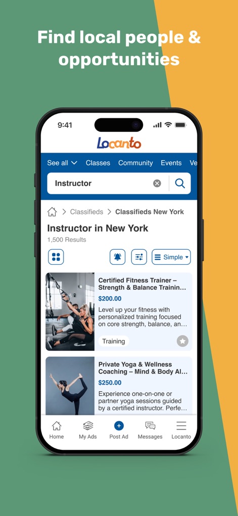 Locanto - Classifieds App - Los usuarios pueden explorar resultados de búsqueda filtrados por categoría y ubicación, observando precios y descripciones concisas para encontrar instructores o servicios específicos en su área.