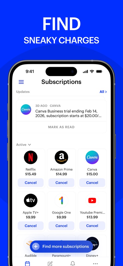 Cancel Subscriptions - El panel principal "Subscriptions" permite a los usuarios visualizar todos sus servicios activos, como "Netflix" y "Amazon Prime", cada uno con un botón directo de "Cancel".