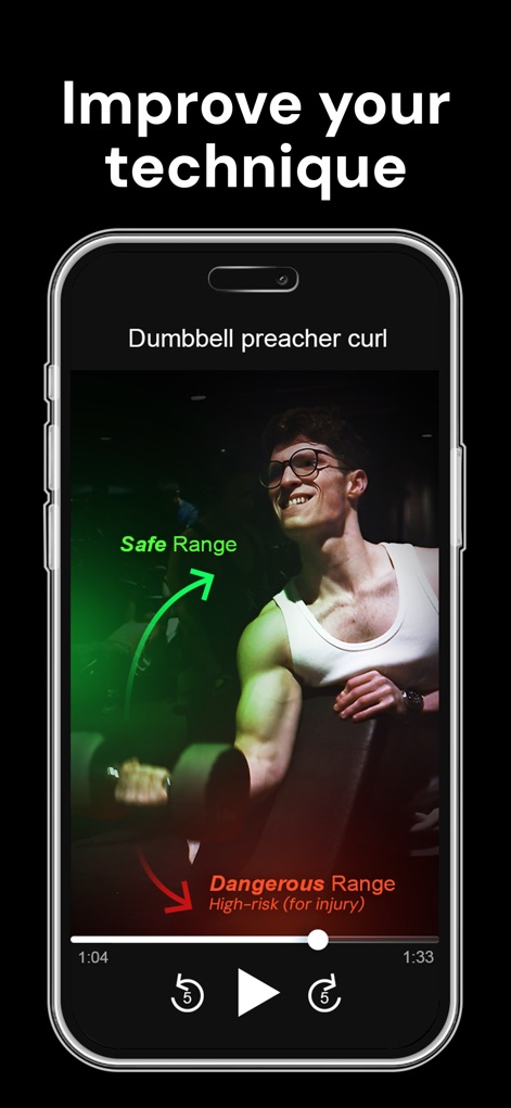 Symmetry: AI Gym Workout Log - Refine your movements with professional technique guidance, featuring visual indicators for a 'Safe Range' and 'Dangerous Range' during exercises like the 'Dumbbell preacher curl'.