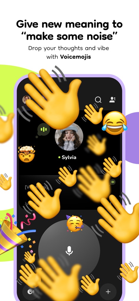 buz - voice connects - Users can enhance their voice messages with animated 'Voicemojis', adding visual flair through effects like celebratory confetti and interactive hand claps.