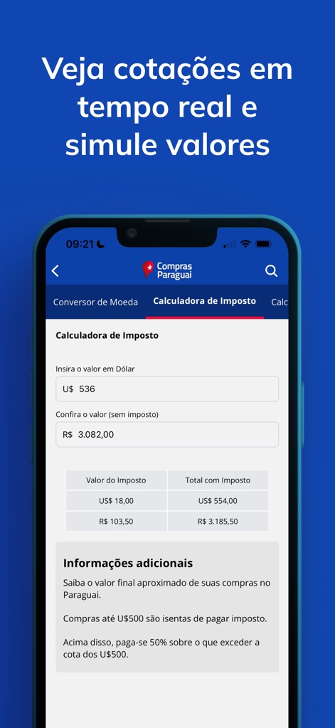 Compras Paraguai - Cet outil permet de simuler précisément les coûts finaux avec le calculateur d'impôts intégré, affichant clairement le "Valor do Imposto" et le "Total com Imposto" en devises multiples.