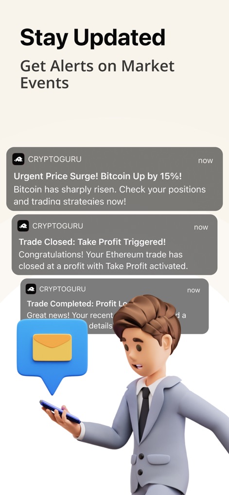 Cryptoguru: Trading Academy - See how the app delivers crucial real-time market alerts and immediate trade execution notifications to keep users informed.