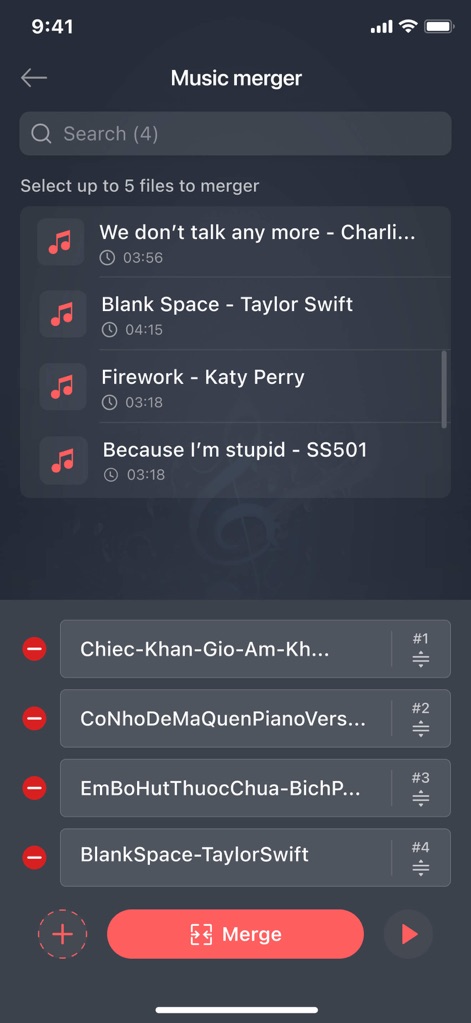 Mp3 Cutter - M4a, Music Cutter - The app facilitates seamless audio merging, allowing users to select multiple songs from their library and arrange the tracks in a customizable order.