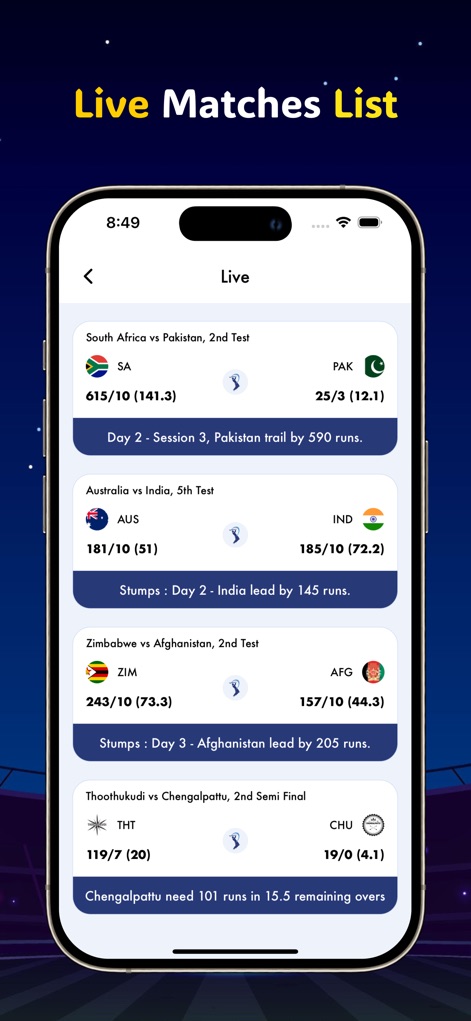 Live Cricket TV HD Sports - La schermata mostra un elenco chiaro e organizzato delle partite in corso, offrendo una panoramica immediata, e include lo stato di avanzamento di ogni match con dettagli su giorni e sessioni.