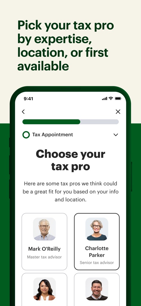 MyBlock: Tax Docs & Refund - Users can easily choose their tax professional based on expertise or location, with clear profiles showing names like 'Mark O'Reilly' and 'Charlotte Parker'.