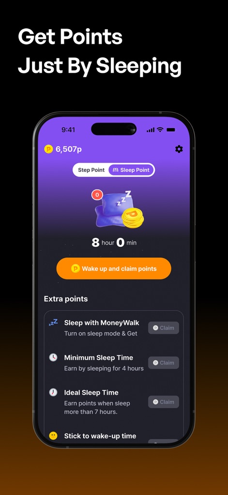 Moneywalk Step Counter&Rewards - The app introduces a unique 'Sleep Point' feature, where users can earn rewards for tracking their sleep duration, with options to 'Wake up and claim points' based on time logged.