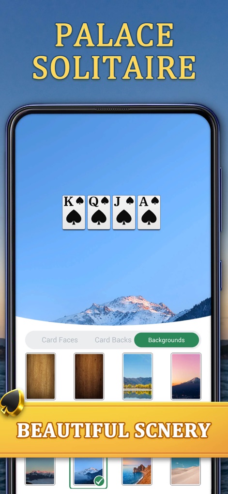 Palace Solitaire: Card Game - Immerse yourself with a selection of stunning landscape backgrounds, contributing to a customizable and aesthetically pleasing visual ambiance.
