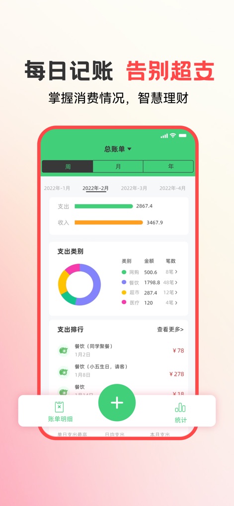 易校园-校园服务,助力成长 - Monitor financial health with the visual expense/income summary bar chart, and gain insights from the detailed categorized spending breakdown.