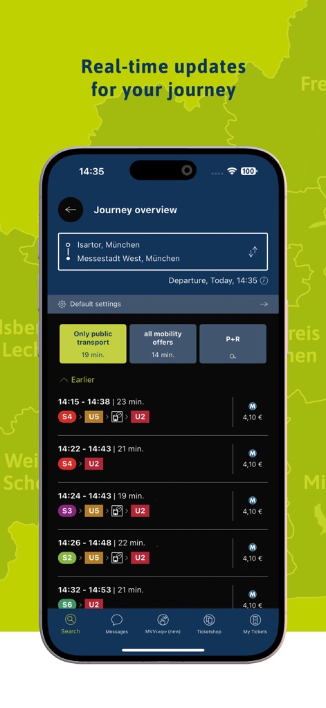 MVV-App - Esta vista de "Journey overview" presenta los tiempos estimados de llegada para las conexiones y un desglose de precios como "4,10 €", ofreciendo transparencia y control sobre los trayectos.