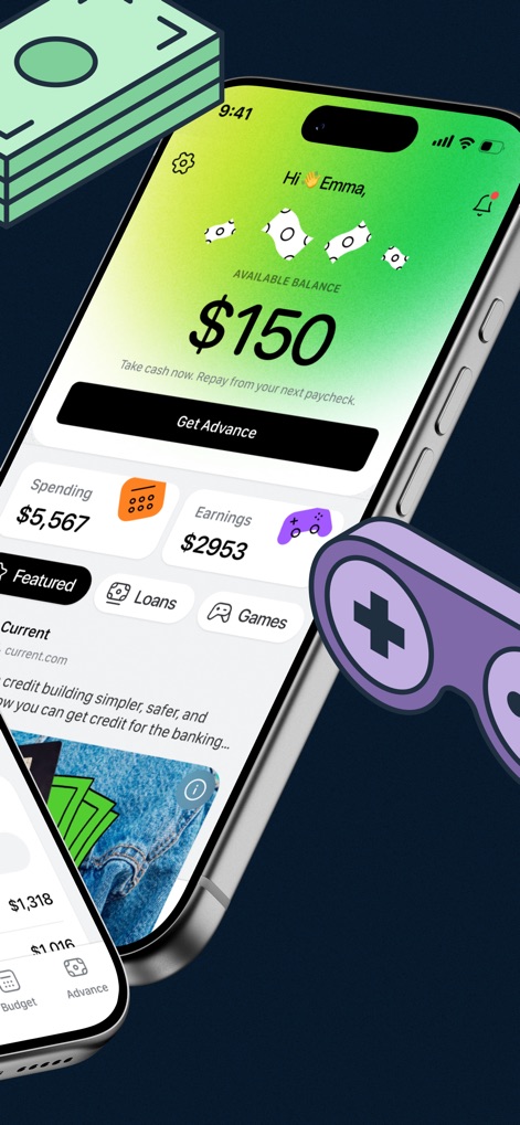 True Finance: Cash Advance - 이 앱의 메인 화면에서 사용자는 이용 가능한 현금 서비스 금액 $150를 빠르게 확인하고, 지출 내역과 수입 현황을 포함한 개인 재정 개요를 한눈에 볼 수 있습니다.