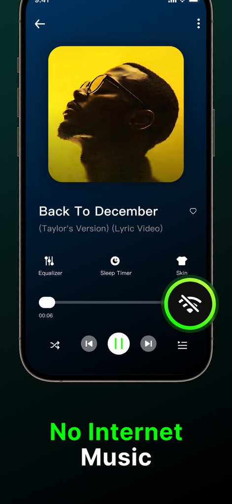 Offline Music, MP3 Player - A funcionalidade offline do aplicativo é claramente ilustrada pela tela de reprodução, que exibe a mensagem "No Internet Music" (Música Sem Internet) e um ícone de Wi-Fi riscado, garantindo que o usuário possa ouvir sem conexão.