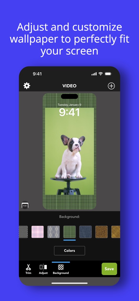 Video Wallpaper · Lock Screen - Se pueden personalizar los fondos de pantalla eligiendo entre una variedad de patrones texturizados o seleccionando un color sólido para el fondo.