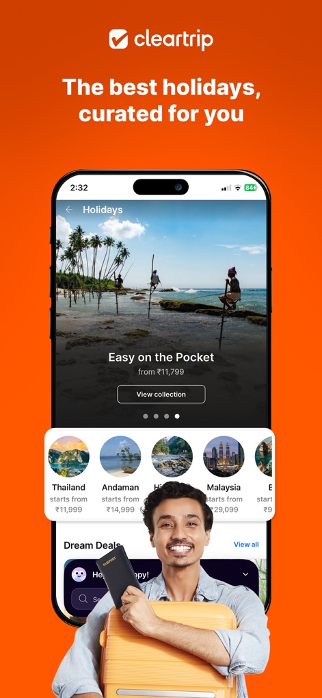 Cleartrip Flights, Hotels, Bus - 이 앱은 'Easy on the Pocket'과 같은 카테고리로 저렴한 휴가 패키지를 제공하며, 태국, 안다만, 말레이시아 등 다양한 인기 목적지에 대한 맞춤형 드림 딜을 선별하여 보여줍니다.