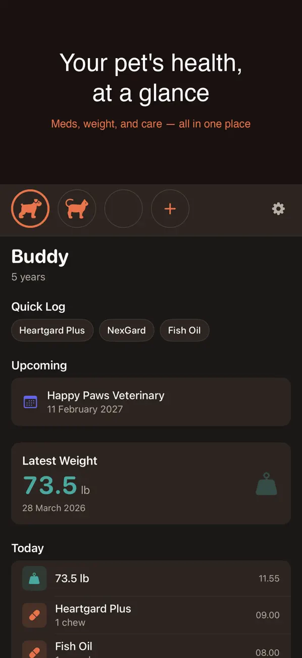 Screenshot #1 pour PetLog — Pet Care Diary