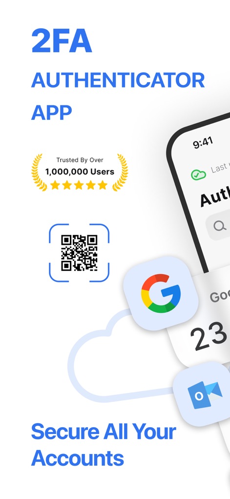 Authenticator ® App - La pantalla de bienvenida destaca la verificación de dos factores (2FA) como característica principal, con un código QR ilustrativo y una nube de iconos que simbolizan la seguridad de múltiples plataformas.