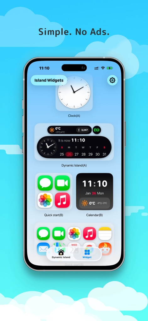 Island Widgets - Die App bietet eine klare und werbefreie Widget-Erfahrung, was durch das große, übersichtliche Uhren-Widget und die ordentliche Anordnung der verschiedenen Funktionen auf dem Home-Screen unterstrichen wird.
