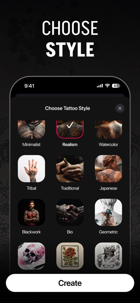 Tattoo AI - Tattoo Design - Navigate the intuitive interface for selecting diverse tattoo styles, ranging from 'Realism' to 'Japanese' aesthetics.