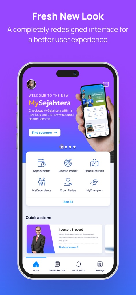 MySejahtera - Explore the app's refreshed home screen, showcasing intuitive quick action buttons and a prominent "Welcome to MySejahtera" banner.