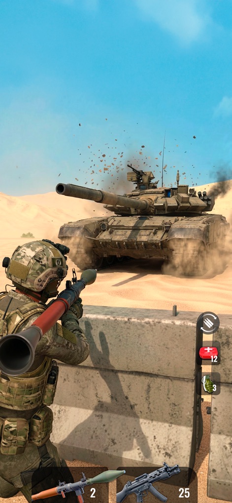 Shoot Out: Shooting Simulator - Cet instantané démontre l'arsenal diversifié de l'application, incluant le lance-roquettes RPG, pour des batailles épiques où les véhicules blindés sont des cibles stratégiques.