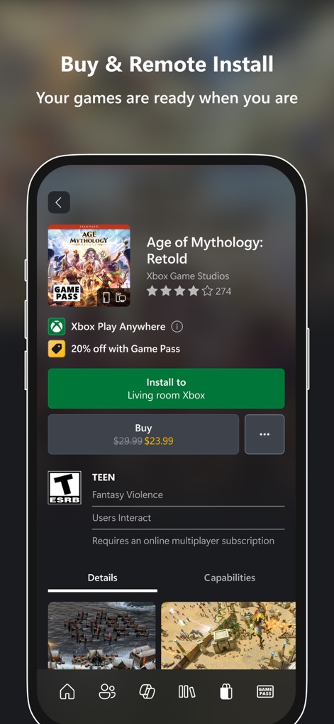 Xbox - This interface enables convenient remote installation of games to a console and provides clear details like pricing and ESRB ratings for informed purchasing.