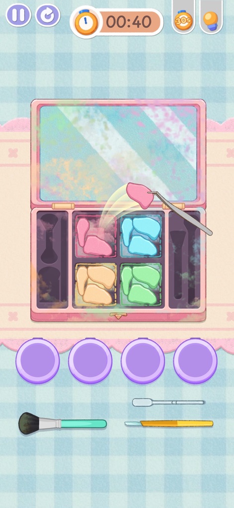 Tidy Up - Satisfeel ASMR - The app allows players to meticulously clean a vibrant makeup palette using specialized cleaning tools like brushes and applicators.