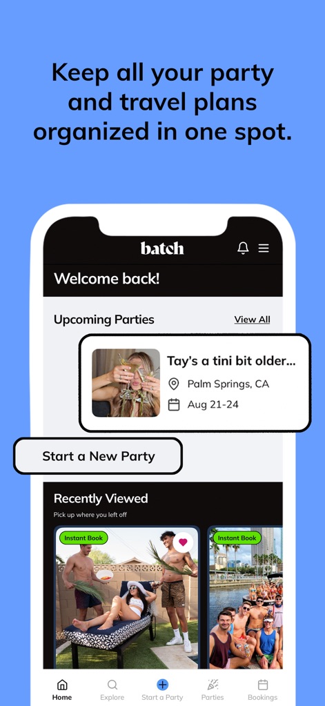 Batch: Let’s Party - The app's dashboard presents upcoming party details and a clear 'Start a New Party' call to action, keeping all plans organized in one spot.