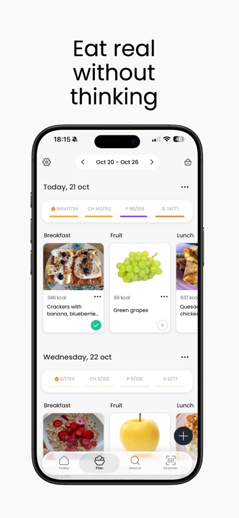 MyRealFood: Diet and recipes - This tool provides a structured daily meal plan, complete with visual representations of meals like "Breakfast" and a clear breakdown of "macronutrient totals" for simplified tracking.