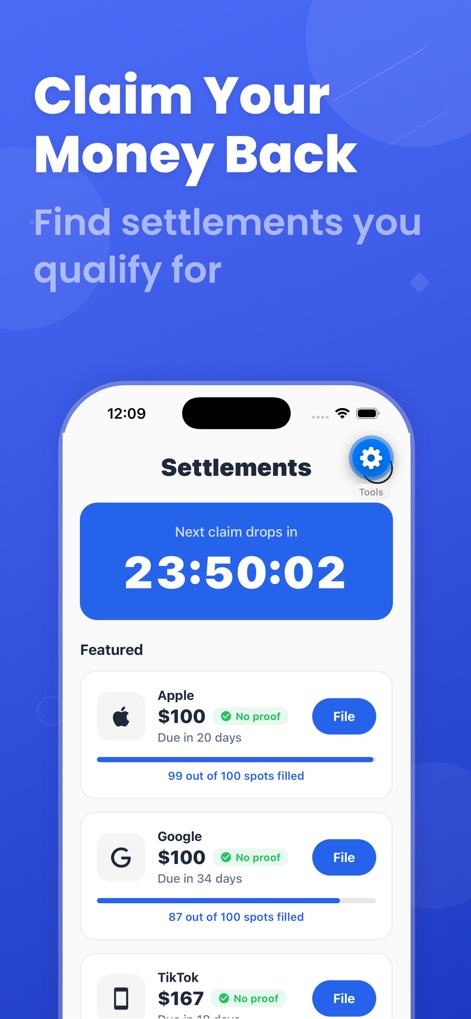 Settlemate: Claim Money - Users can easily find new opportunities with a live countdown and see featured settlements clearly marked with "no proof" required.