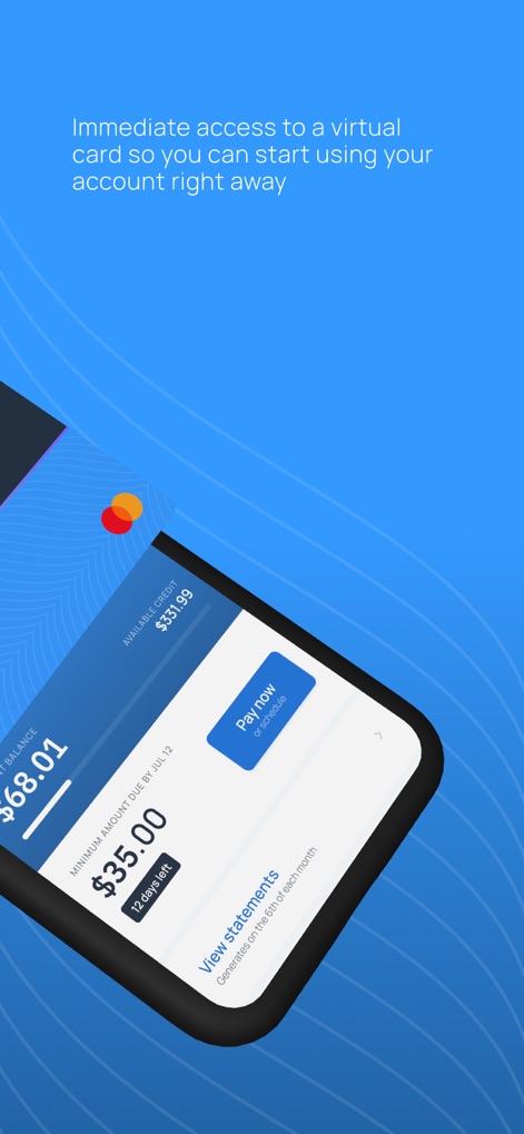 Sparrow Card App - Users gain immediate access to their virtual card, with clear displays of the available credit balance and upcoming minimum payment due.