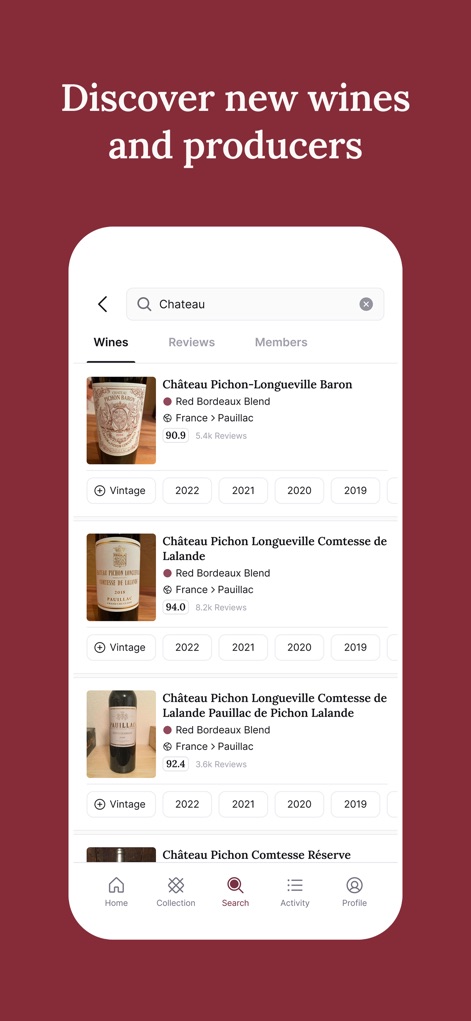 CellarTracker: #1 Wine Tracker - La fonction de recherche intuitive permet de découvrir de nouveaux vins et producteurs, affichant les "millésimes disponibles" et le "nombre d'avis" pour chaque référence, pour une exploration riche.