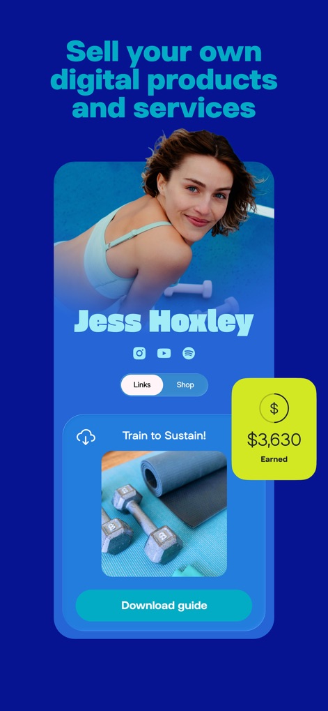 Linktree: Link in Bio Creator - Users can showcase and sell digital products, such as downloadable guides, and track their accumulated earnings directly within their personalized profile.