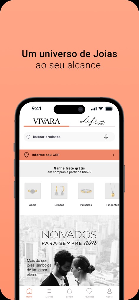Vivara - La pantalla de inicio presenta un diseño limpio con categorías de productos claramente visibles y un banner promocional que destaca ofertas clave.