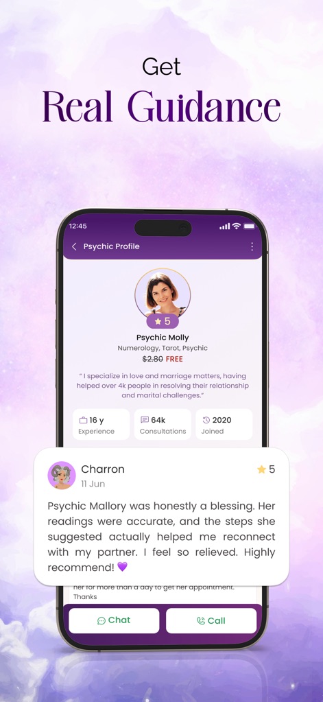Lumus: Tarot & Psychic Reading - 「Psychic Molly」の「16年の経験」と「64K件の鑑定」という実績がプロフィールに表示され、ユーザー「Charron」からの具体的な高評価レビューで信頼性が裏付けられています。