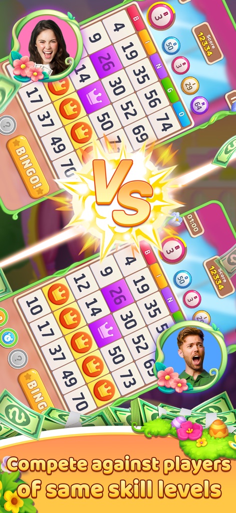 Bingo Wealth - Observe how the app intelligently matches players by their skill levels, showcasing competitive player profiles and synchronized bingo card layouts for fair play.