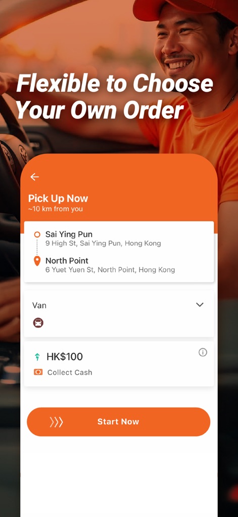 Lalamove Driver - Drive & Earn - Los usuarios tienen la flexibilidad de elegir sus pedidos, como se muestra en la pantalla de 'Pick Up Now', donde pueden ver los detalles de la ruta, el tipo de vehículo y la opción de 'Collect Cash' antes de iniciar el servicio. El botón 'Start Now' simplifica el proceso.