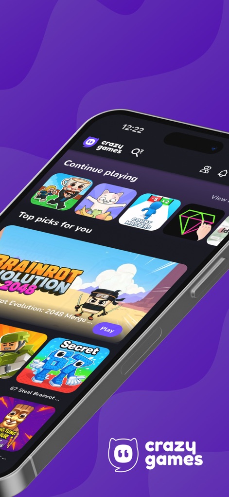 CrazyGames: Play 1500+ Games - L'applicazione CrazyGames è presentata in una prospettiva dinamica sul dispositivo mobile, evidenziando le sezioni 'Continue playing' e 'Top picks for you', che facilitano la navigazione e la scoperta da parte degli utenti, insieme al logo dell'app in primo piano.