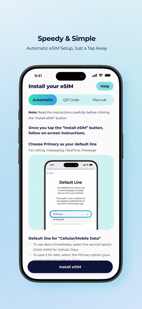 Orbit Mobile: Travel eSIM - The tool streamlines eSIM setup with an "Automatic" installation option and clear, guided instructions for configuring the "Default Line" on the device.