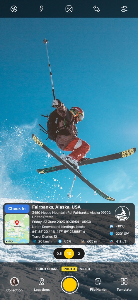 GPS Map Camera : Geo Photos - Track adventure photos with the app's 'Check In' feature and seamlessly integrate critical data points like altitude and current weather conditions.