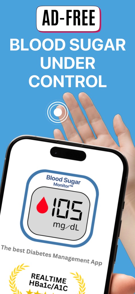 Free Blood Sugar Monitor ivita - Diese Ansicht hebt die werbefreie Nutzung hervor und zeigt eine klare Blutzuckeranzeige von 105 mg/dL sowie die Option zur Echtzeit-A1C-Messung.
