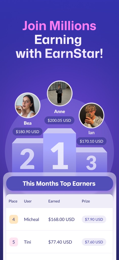 EarnStar: Earn Money Fast - This visual showcases the competitive aspect of the app, featuring "This Months Top Earners" prominently and detailing their achieved earnings.
